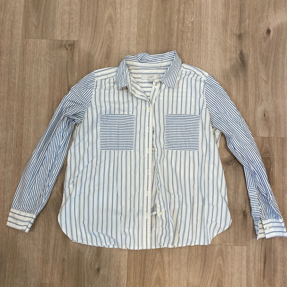 Loft petite medium button up shirt, white with blue stripes.
